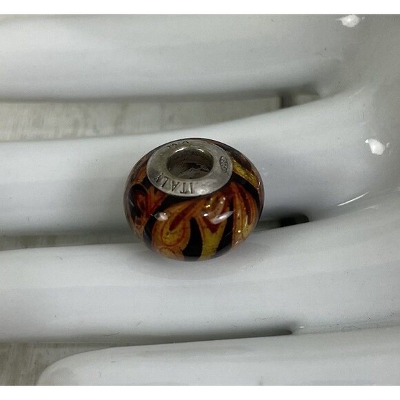 Jewelry - Murano MA Glass Bead Charm Sterling Silver 925 Italy Orange Swirl